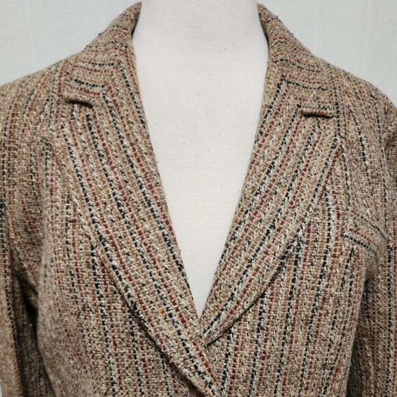 Womens 70s 80s Vintage Blazer Jacket Textured Knit Tan Brown Stripes - Picture 2 of 8